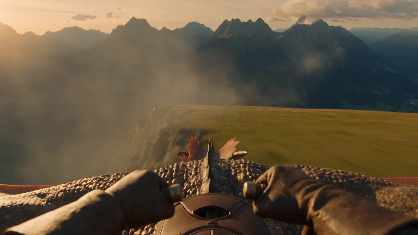 Alpine Fantasiewelt aus der freien AI-Trailerstudie Drachenflug