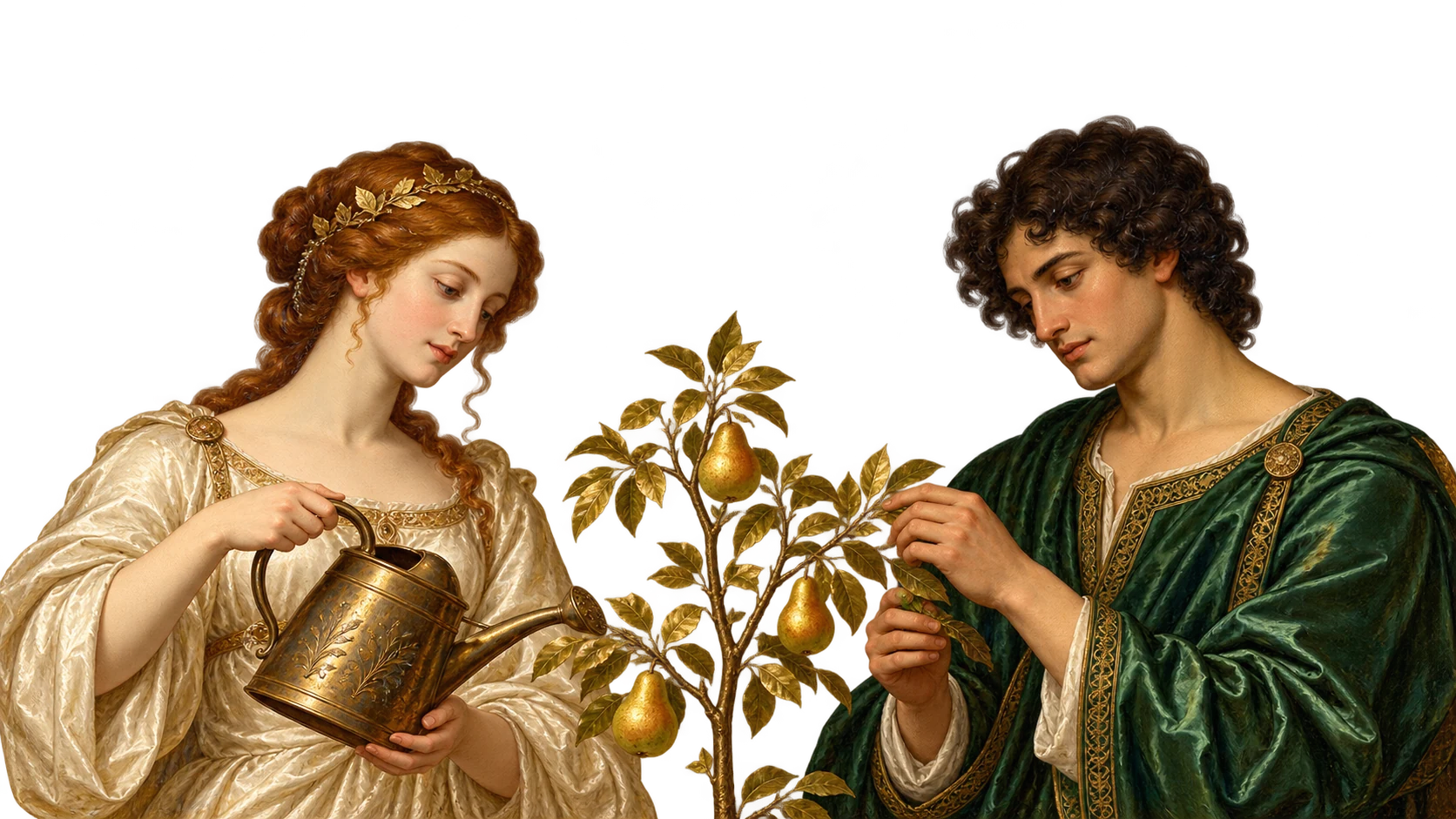 Two Renaissance figures tend a young pear tree together
