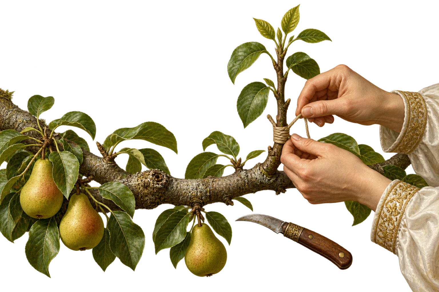 Hands graft a fresh shoot onto a pear branch