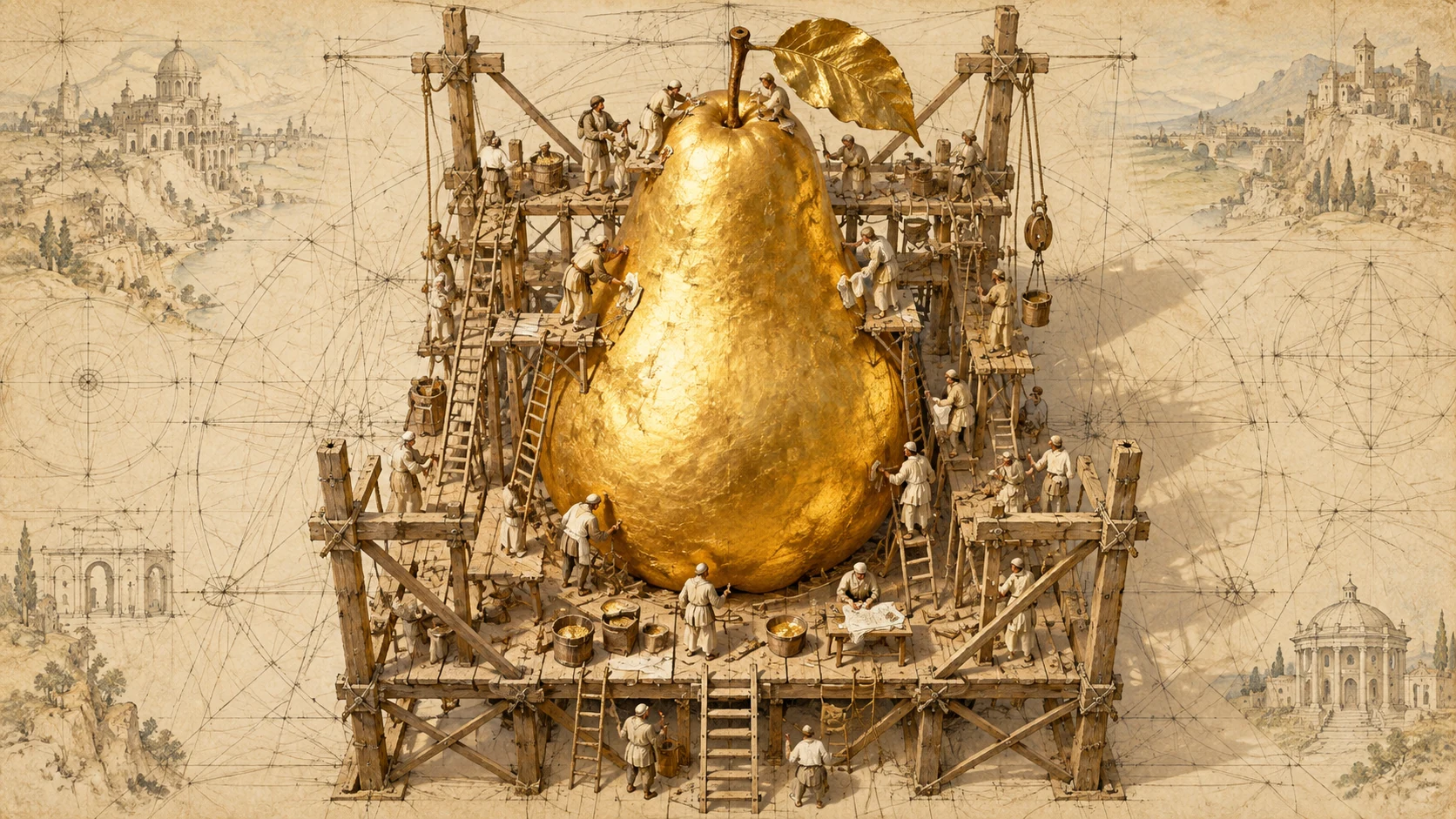 Architectural overhead view of a golden pear surrounded by a Renaissance workshop